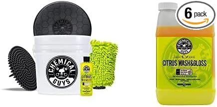 Chemical Guys CWS_301_64BK Car Wash Detailing Bucket, Mitt & Accessories Bundle (6 Items) Featuring Citrus Wash & Gloss Foaming Car Wash Soap, 64 oz (.5 Gal) - Works on Cars, Trucks, SUVs, RVs & More