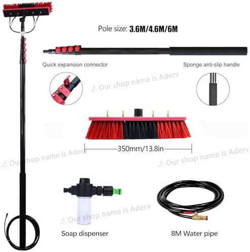 Telescopic Window Cleaning Brush Kit 3.6m-6m Adjustable Pole Water-Fed Soap Dispenser 35cm Brush Head Ideal for High Reach Window Cleaning Professional Equipment.