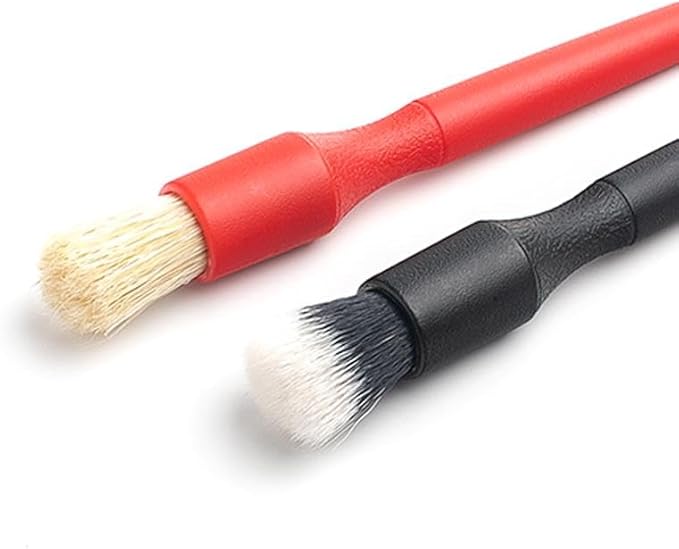 Detail Factory - Crevice Mini Detailing Brush Combo Kit - One Boar's Hair Brush + One Ultra-Soft Synthetic Brush, Heavy Cleaning Action for Small Spaces, Red + Black (2 Pack)