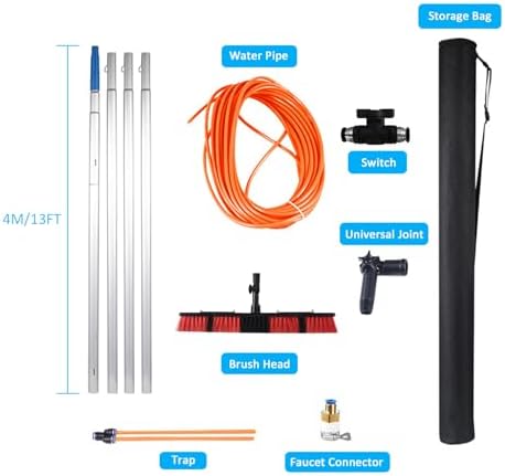 Teles Window Cleaner Kit - 3-12m Extendable Pole with Adjustable Brush Head, Water Fed System for Solar Panel & Roof Cleaning, 55cm Brush for Streak-Free Shine