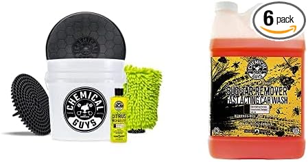 Chemical Guys CWS_104BK Car Wash Detailing Bucket, Mitt & Accessories Bundle (6 Items) Featuring Concentrated Bug and Tar Remover Car Wash Soap, 128 oz (1 Gal) - for Cars, Trucks, SUVs, RVs & More