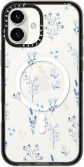 CASETiFY Impact Case for iPhone 16 Plus [Slim / 8.2 ft. 4X Military Grade Drop Protection/Compatible with Magsafe] - Small Blue Flowers - Clear Black
