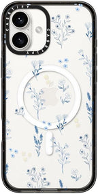 CASETiFY Impact Case for iPhone 16 Plus [Slim / 8.2 ft. 4X Military Grade Drop Protection/Compatible with Magsafe] - Small Blue Flowers - Clear Black