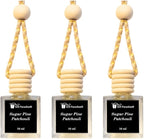 Sugar Pine & Patchouli Car Air Freshener Set of 3 (10 ml Each), Hanging Diffuser Bottles with Wooden Cap, Woodsy Earthy Fragrance for Car, Home & Office, Magnetic Gift Box