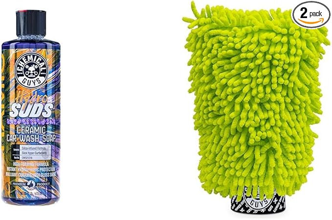 Chemical Guys CWS21216M Car Wash Starter Bundle - HydroSuds Ceramic SiO2 Shine High Foaming Car Wash Soap, 16 oz, Berry Scent + Chenille Wash Mitt (2 Items) Works on Cars, Trucks, SUVs, RVs & More