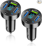 Car Charger 66W Super Fast Charging with USB C&QC 3.0(Voltmeter&LED Lights) Universal Quick Charge for 12-24V Car Cigarette Lighter Plug,Compatible with iPhone 14 13,S22,iPad(2Pcs-Black-QC/PD/2.4A)