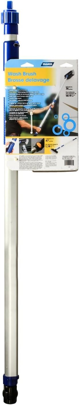 Camco Flow-Through Wash Brush with Push Button Telescoping Handle - Connect to Standard Water Hose to Clean Your Vehicle | Great for RV, Truck Boat and Car Washing - (41960)