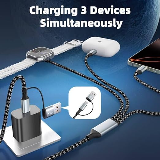 MPATIBY Travel Essentials, 3 in 2 UB A/USB C Cable for Watch Charger, Multi Phone Charging Cable/Cord for All Devices for iWatch Ultra/SE/10-1, Phone16 15 14, Android, iPads, More (2Packs 5FT)