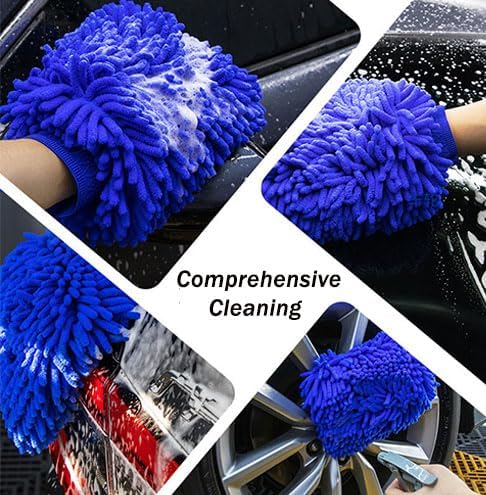 Car Wash Mitt Chenille Microfiber Super Absorbent, Premium Car Washing Gloves for Cleaning Cars, Trucks, Motorcycles (Black)