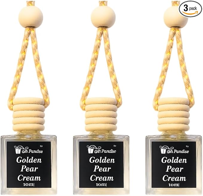 Golden Pear Crème Car Air Freshener Set of 3, 10 ml Hanging Diffuser Bottles with Wooden Cap, Sweet Pear Vanilla Scent for Car, Home & Closet, Velvet Gift Bag