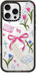 CASETiFY Impact iPhone 16 Pro Max Case [Slim/Compatible with Magsafe / 8.2 ft. 4X Military Grade Drop Protection] - Ribbons and Tulips - Clear Black