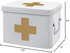 Flexzion First Aid Medicine Box Supplies Kit Organizer - Empty 8" White Metal Tin Medic Storage Bin Hard Case with Removable Tray Black Cross, Vintage Antique Boxes for Home Family Emergency Tool Set
