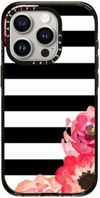 CASETiFY Impact iPhone 15 Pro Case [Slim/Compatible with Magsafe / 8.2 ft. 4X Military Grade Drop Protection] - Striped Florals (Black & White) - Clear Black
