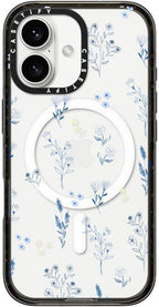 CASETiFY Impact Case for iPhone 16 [Slim / 8.2 ft. 4X Military Grade Drop Protection/Compatible with Magsafe] - Small Blue Flowers - Clear Black