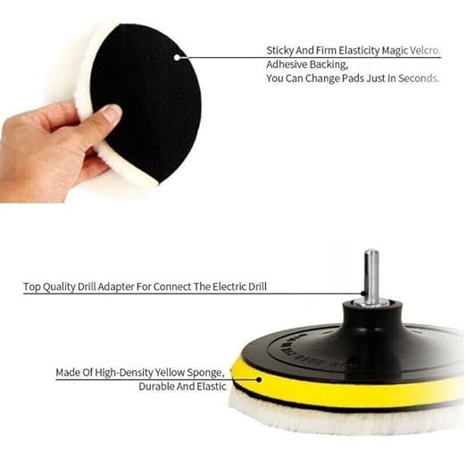Buffer Polisher Pad Made of Wool - Wheel Mop Kit for car Detailing Drill Adaptor | Pack of 5 pcs - car buffers and Polishers kit is Practically Durable & Reusable - Drill Adapter.