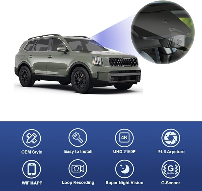 Fitcamx 4K Dash Cam Compatible with Kia Telluride 2023-2025 (Part NO#S9310), Integrated OEM Look, UHD 2160P Video, Built-in WiFi & APP, Loop Recording, Collision Sensor, Plug & Play, 64GB Card