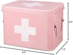 Flexzion First Aid Box Organizer, Empty 8.5 Inch Pink Vintage First Aid Kit Tin Metal Medical Box First Aid Storage Box Container Bins with Dividers, Removable Tray and Cross Logo