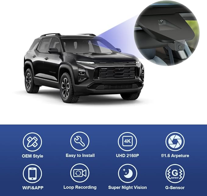 Fitcamx 4K Dash Cam Suitable for Chevy Equinox EV 2024 2025 Electric (HD2-D2000) Not for Gas-Powered, OEM Look, UHD 2160P Video, WiFi & APP, Loop Recording, G-Sensor, Plug & Play, 64GB Card