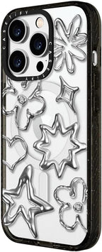 CASETiFY Impact iPhone 15 Pro Case [4X Military Grade Drop Tested / 8.2ft Drop Protection/Compatible with Magsafe] Chrome Doodles - Clear Black