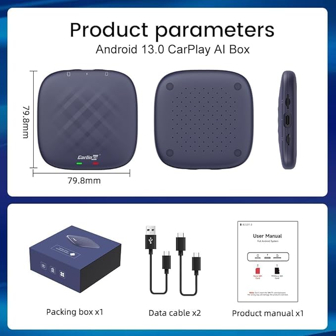 CarlinKit 8+128G - Wireless CarPlay&Android Auto Adapter,CarPlay Ai Box for car Wired CarPlay,8-Core,Bulit-in GPS,Ultra-Thin,Android 13.0 System,Dual Bluetooth,SIM&TF Card etc