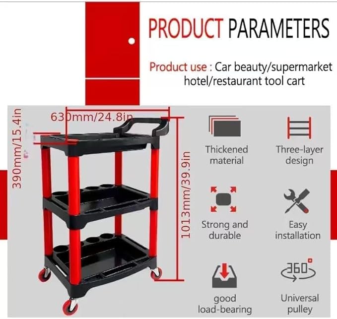 Auto Detailing Cart with Wheels, 3 Tier Rolling Detail Cart, Car Wash Organizer for Detailers Garage, Workshop, Repair Shop, Storage Tool