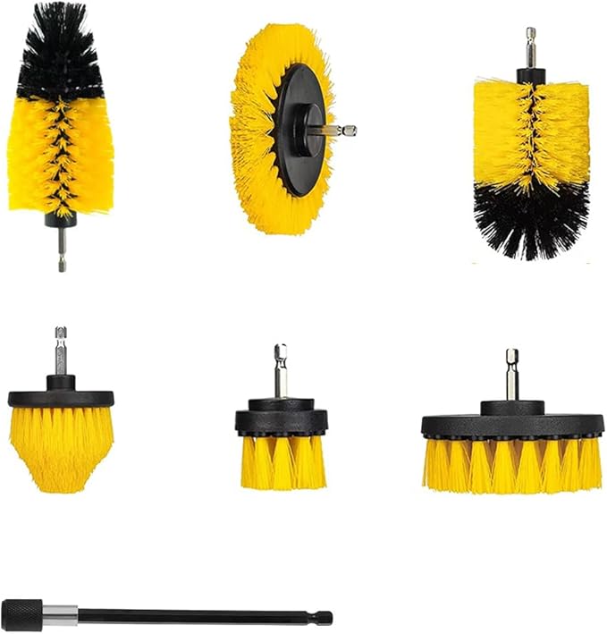 7-Piece Drill Brush Attachment Set, Multi-Purpose Power Scrubber Kit with Extension Rod – Nylon Bristle Brushes for Car, Bathroom, Tile, Grout Cleaning (Fits Most Handheld Drills)