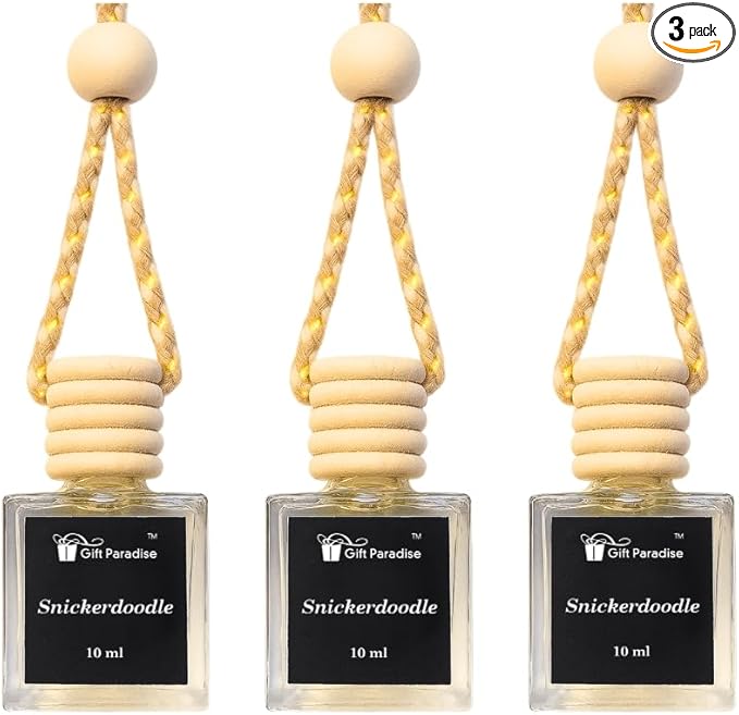 Snickerdoodle Car Air Freshener Set of 3, 10 ml Hanging Diffuser Bottles with Wooden Cap, Sweet Cinnamon Sugar Cookie Scent for Car, Home & Closet, Velvet Gift Bag