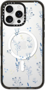 CASETiFY Impact Case for iPhone 16 Pro Max [Slim / 8.2 ft. 4X Military Grade Drop Protection/Compatible with Magsafe] - Small Blue Flowers - Clear Black