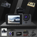 4K+1080P Ultra HD Car Dash Cam with 32GB SD Card - 3-Channel Front/Rear/Interior Camera, Motion Detection, 24H Parking Mode, WDR, G Sensor - Includes Mounting Hardware & Accessories.