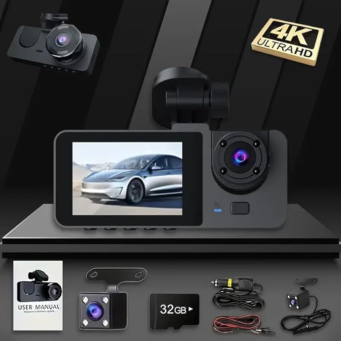 4K+1080P Ultra HD Car Dash Cam with 32GB SD Card - 3-Channel Front/Rear/Interior Camera, Motion Detection, 24H Parking Mode, WDR, G Sensor - Includes Mounting Hardware & Accessories.