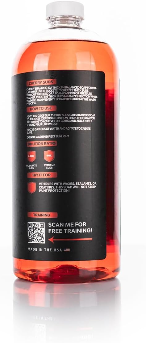 Cherry Suds Car Wash Soap - pH-Balanced Soap Creates Thick Foam in A Bucket; Safe on Waxes, Coatings, and Sealants; High Lubricity; Cherry Scent - 32 oz