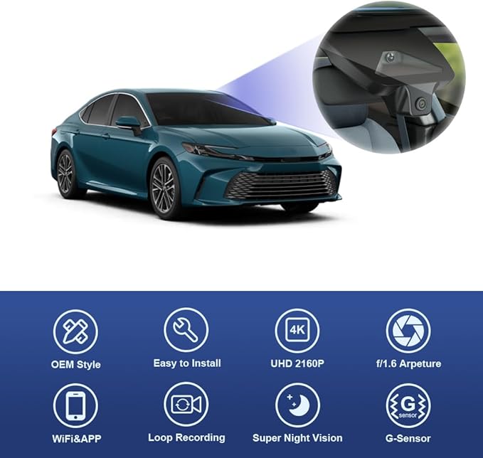 Fitcamx 4K Dash Cam Suitable for Toyota Camry 2025-2026 LE SE XLE XSE Nightshade (HD2-06090), OEM Factory Look, UHD 2160P Video, Built-in WiFi & APP, Loop Recording, G-Sensor, Plug & Play, 64GB Card