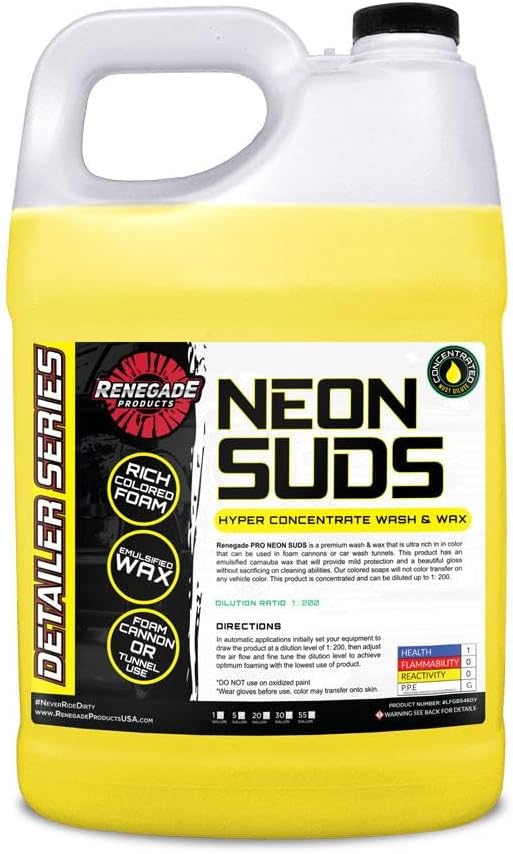 Renegade Products USA | Neon Suds Colored Wash & Wax | High Foam, Colorful Car Soap for Foam Cannons, Carnauba Wax Shine, Safe on All Paints (1 Gallon, 4 Colors) (Yellow)