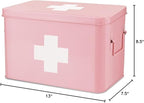 Flexzion First Aid Box Organizer Empty 13" Pink Vintage First Aid Kit Tin Metal Medical Box - First Aid Storage Box Container Bins with Dividers, Removable Tray and White Cross Logo