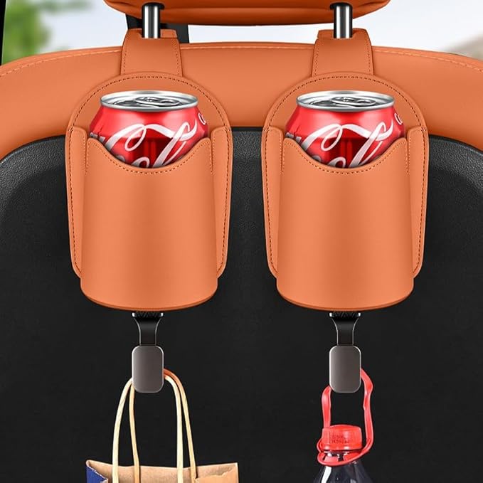 Car Seat Back Organizers Set of 2 with Leather Cup Holder and Headrest Hook, Universal Backseat Phone Mount & Storage Bag (Coffee)