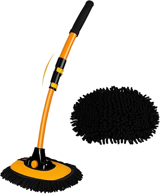 43'' Car Wash Brush with Long Handle Chenille Microfiber Car Wash Kit Mitt Retractable Bent Pole Car Wash Mop for Cars RV Truck Boat (yellow-01)