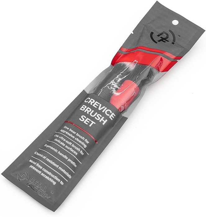 Detail Factory - Crevice Mini Detailing Brush Combo Kit - One Boar's Hair Brush + One Ultra-Soft Synthetic Brush, Heavy Cleaning Action for Small Spaces, Red + Black (2 Pack)
