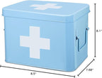 Flexzion First Aid Organizer, 8.5 Inch Blue Vintage Metal Kit Tin With Dividers, Removable Tray and Cross Logo - Empty Medical Storage Container