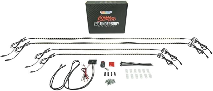 LEDGlow 4pc Purple Flexible Car Slimline LED Underbody Underglow Accent Neon Lighting Kit - 4 Unique Patterns - Water Resistant, Low Profile Tubes - Includes Control Box & Remote