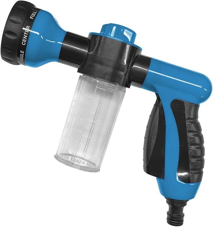 High Pressure Car Wash Foam Gun, 8 Way Spray Pattern Garden Hose Nozzle with 3.5oz/100cc Soap Dispenser, Adjustable Hose Spray Nozzle for Car Washing, Pet Shower, House Cleaning (Blue)