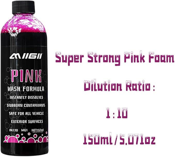 MIIGII Pre-Wash Solution Car Wash Soap - Pink Foam Car Shampoo - Powerful Formula Penetrates and Breaks Down Tree Sap, Bird Droppings & Tough Stains - Works on RVs, Trucks, Cars & More - 150ml (5oz)