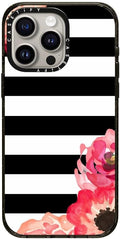 CASETiFY Impact iPhone 15 Pro Max Case [Slim/Compatible with Magsafe / 8.2 ft. 4X Military Grade Drop Protection] - Striped Florals (Black & White) - Clear Black