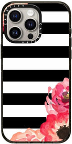 CASETiFY Impact iPhone 15 Pro Max Case [Slim/Compatible with Magsafe / 8.2 ft. 4X Military Grade Drop Protection] - Striped Florals (Black & White) - Clear Black