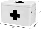 Flexzion First Aid Box Organizer Empty 13" White Vintage First Aid Kit Tin Metal Medical Box - First Aid Storage Box Container Bins with Dividers, Removable Tray and Black Cross Logo