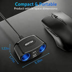BESTEK 150W 2-Socket Car Cigarette Lighter Splitter Power Adapter DC Outlet Car Charger Dual 2.4A USB with 26 Inches Cord for Cellphone GPS Dash Cam