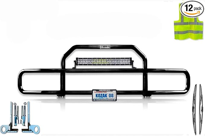 Black Front Grille Deer Moose Brush Bumper Guard Compatible with Kenworth T680 Next Gen 2022+ No Fog - Includes 22" LED Bar, Brackets, Logo, 22" Wipers, License Plate Holder & Frame, Vest