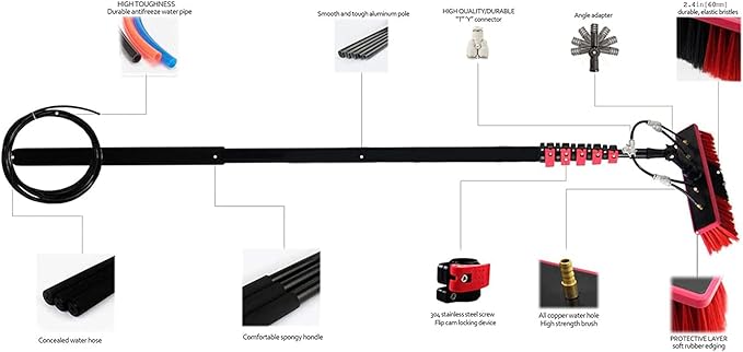 20Ft Window Cleaning Pole Kit with Water Hose, Brush Equipment for Solar Panel & Photovoltaic Cleaning, Extendable Reach for Efficient Window & Solar Maintenance,55cm Brush Head,6M/21FT