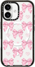 CASETiFY Impact Case for iPhone 16 [Slim / 8.2 ft. 4X Military Grade Drop Protection/Compatible with Magsafe] - Pink Bows - Clear Black