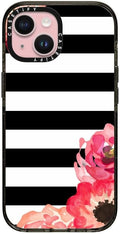CASETiFY Impact iPhone 15 Case [Slim/Compatible with Magsafe / 8.2 ft. 4X Military Grade Drop Protection] - Striped Florals (Black & White) - Clear Black