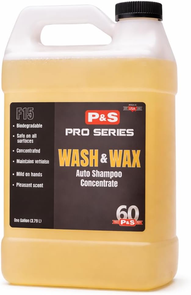 P&S Professional Wash & Wax Auto Shampoo Concentrate – pH Balanced Car Wash Soap with Wax, Biodegradable & High-Foaming Formula for Professional Detailing, 1 Gallon